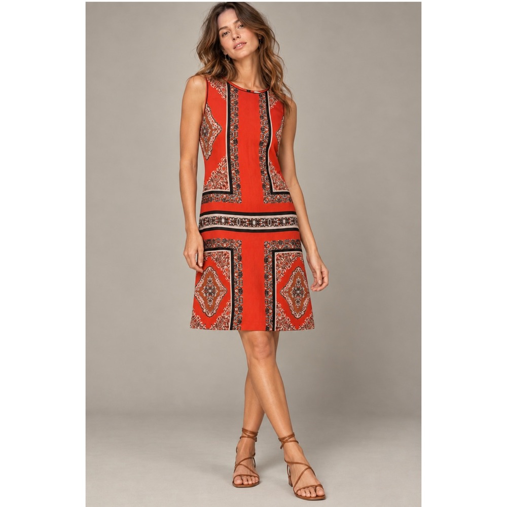 Maeve Anthropologie Shift Dress 10 Orange Silk Scarf Print Boho Geometric Mini